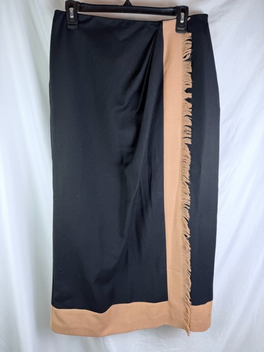 David N Black Wool Fringe Skirt 10 Tan Trim Straight Midi